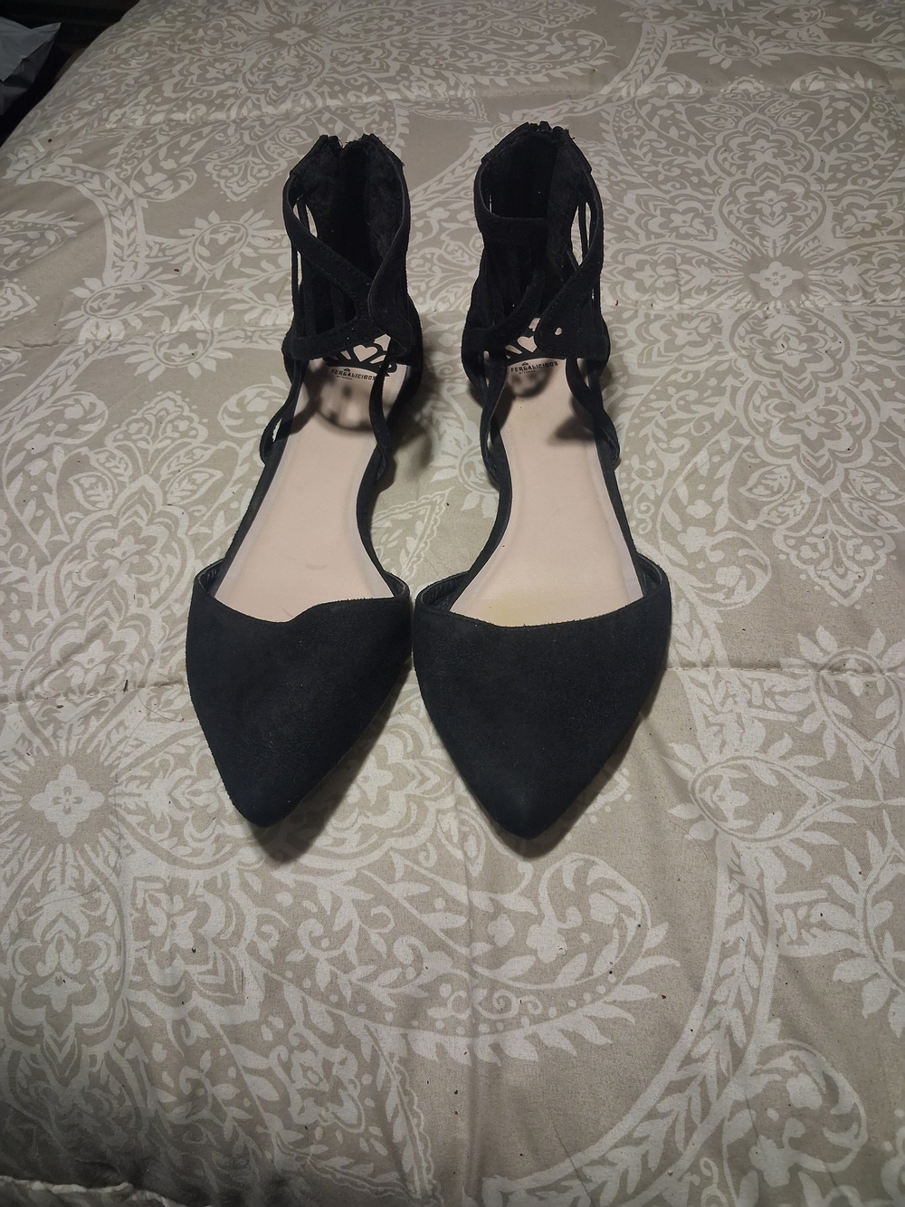Fergalicious Women’s Black Pointed-Toe Ankle-Strap Flats Size 10
